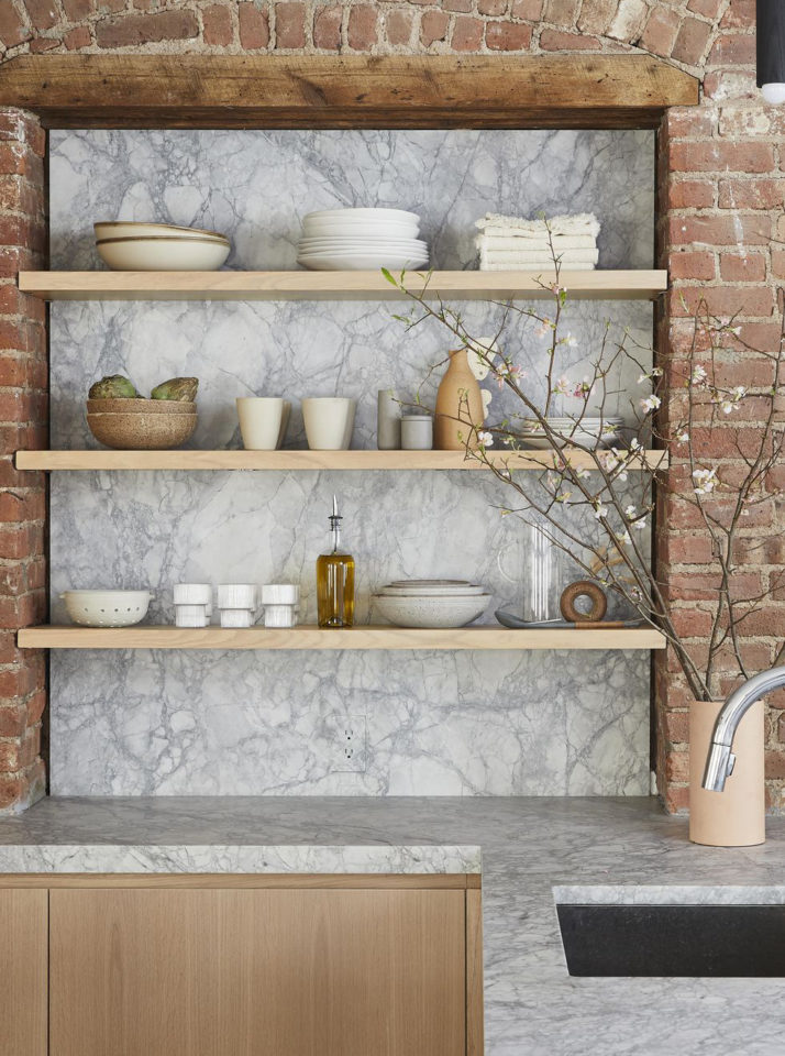 full height backsplash with shelving